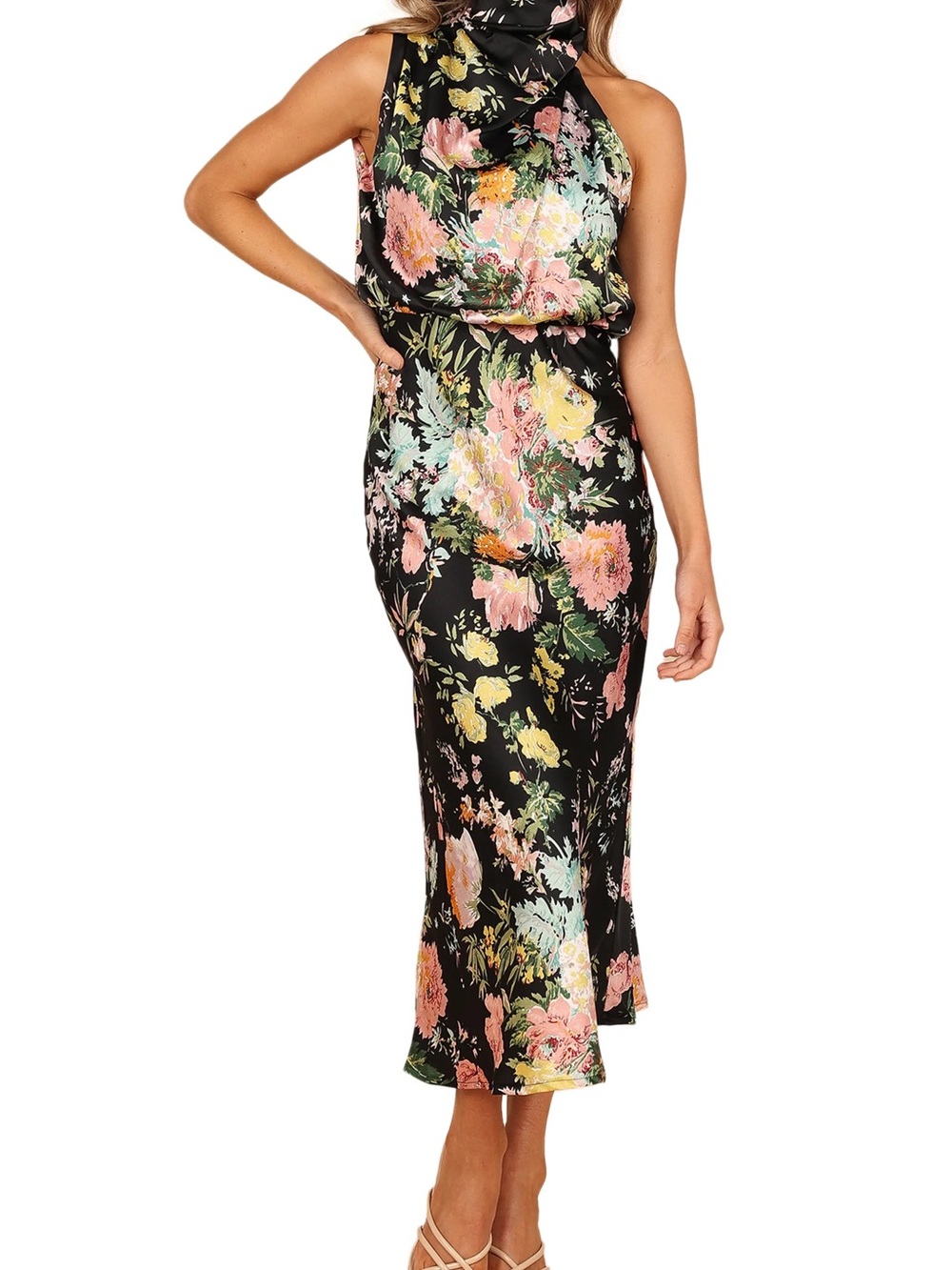 Floral Halter Midi Dress in Black